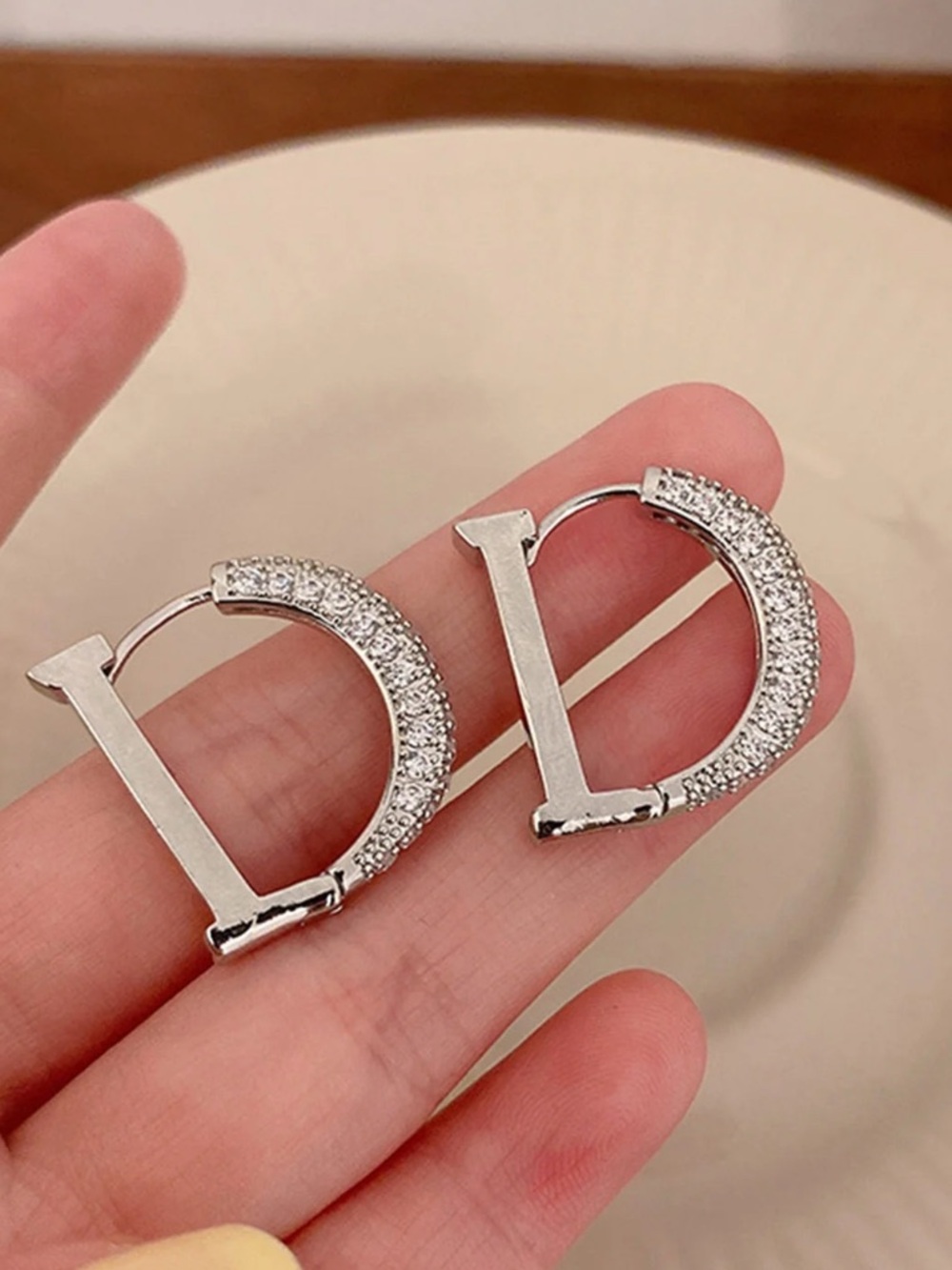 Silver Crystal D-Shaped Hoop Earrings